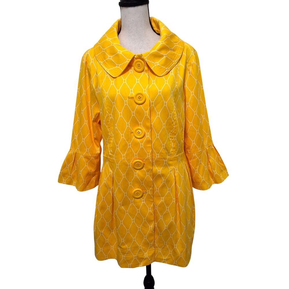 Eden Court Yellow Grid Print Button Front Trench Coat Large 3/4 Bell‎ Sleeves